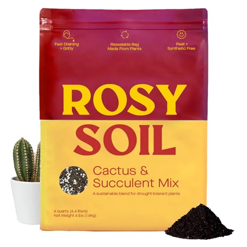 Rosy Soil Cactus and Succulent Potting Mix for Houseplants - Fast Draining Soil for Succulents, Aloe Vera, Indoor Plant - Root Boosting Biochar for Drought Tolerant Growth - Peat Free (1ct, 4 Quart)