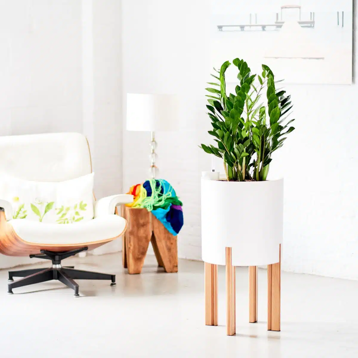 A modern home interior featuring design furniture, an elegant white armchair, a stylish wooden side table, a cozy lamp, and a large green potted plant in a white planter with wooden legs, showcasing one of the best plants for bedroom decor.