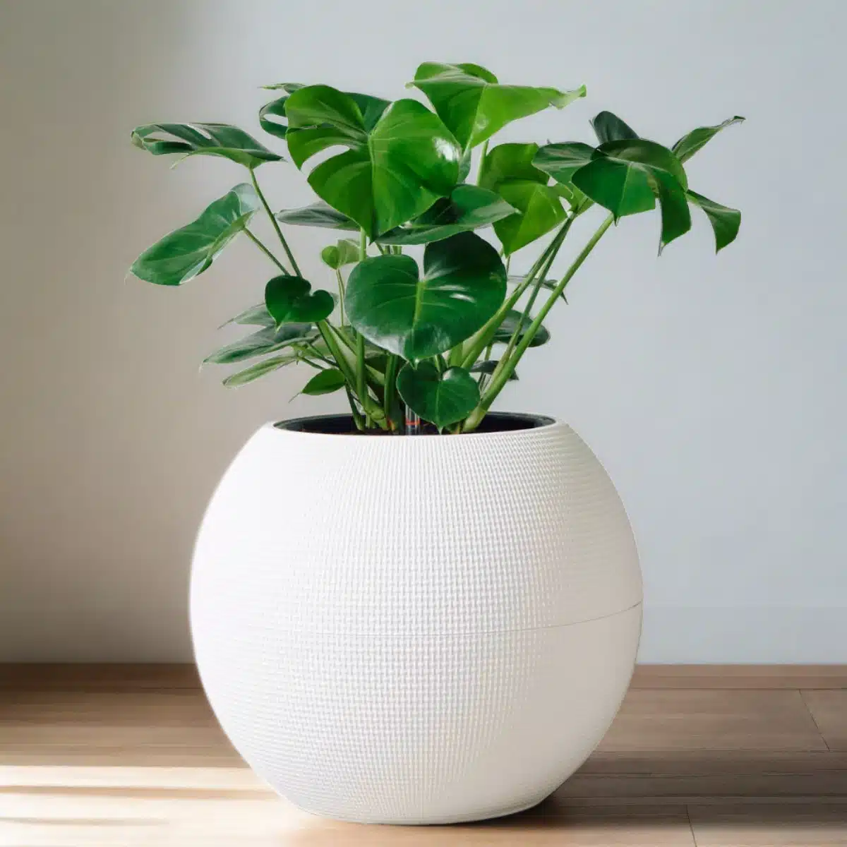 Lush green monstera deliciosa, a stunning choice among low light plants, in a modern white textured pot on a wooden floor in a stylish interior setting.
