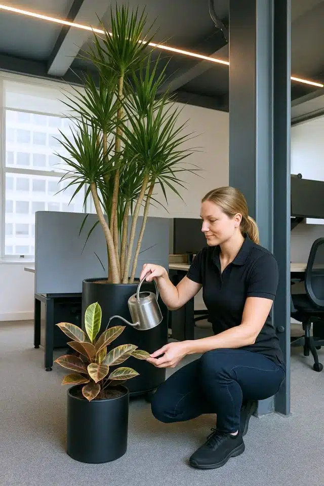 office plant maintenance services NYC My City Plants technician carefully watering an office plant in a modern Manhattan workspace.