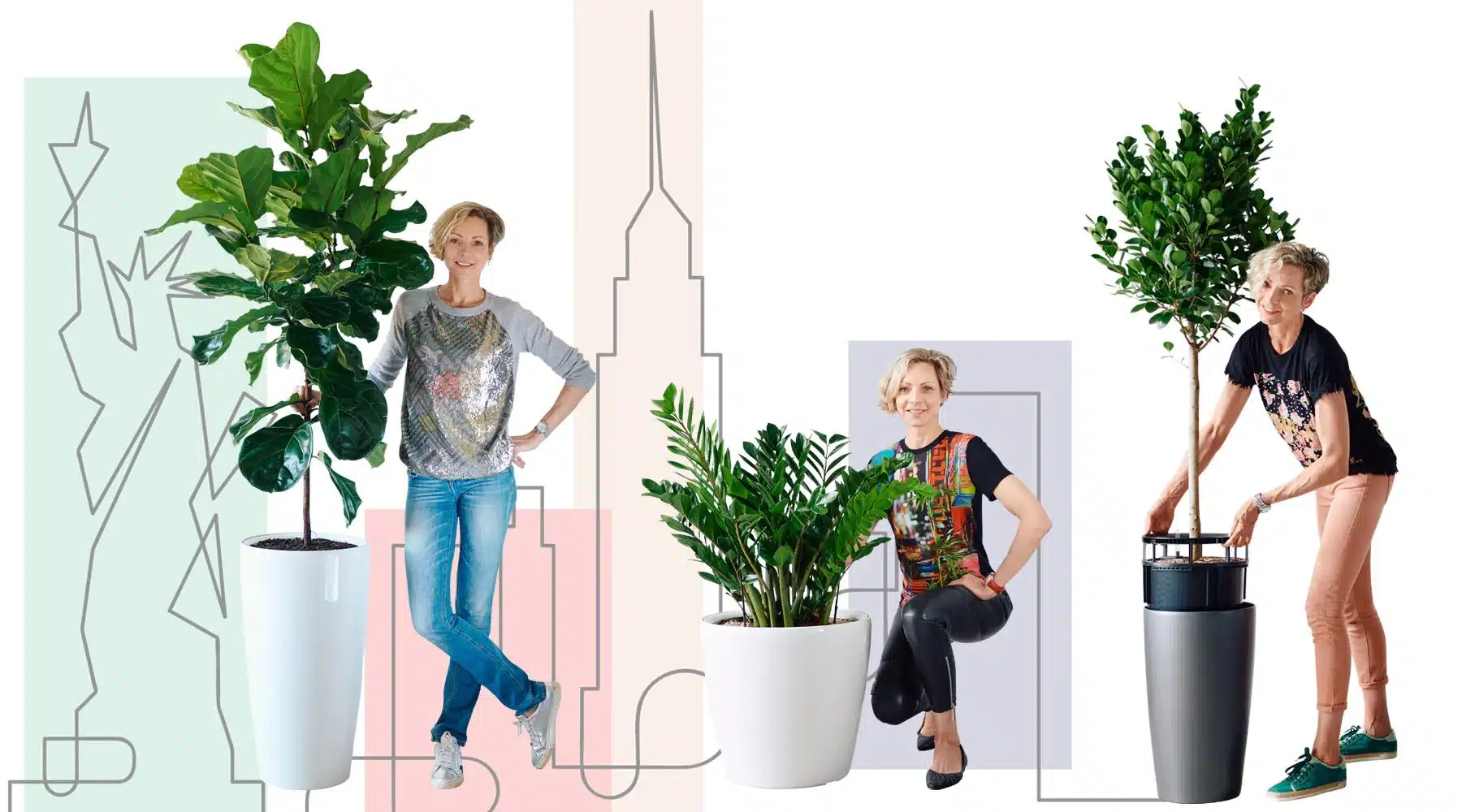 Image of potted plants and New York City skyline on the background