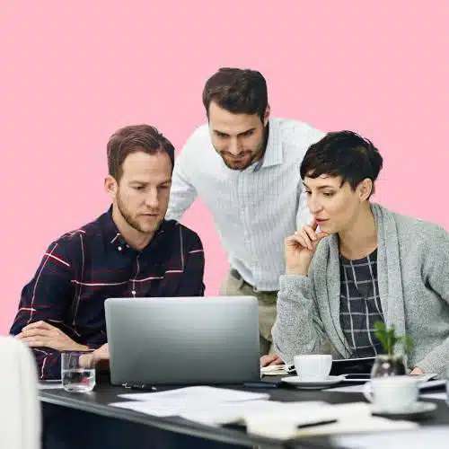 Three office employees reviewing a tailored plant proposal for their workspace
