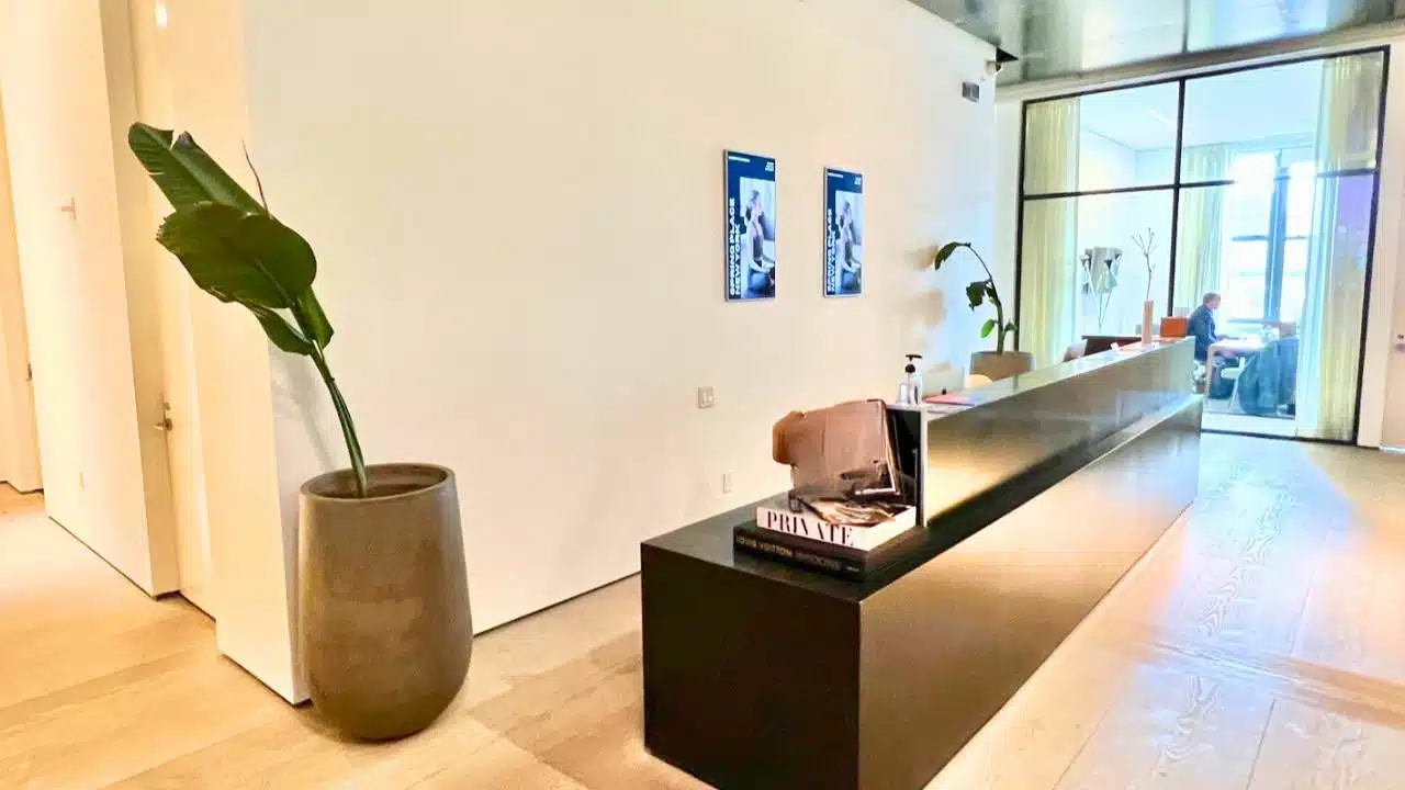 An under-fertilized bird of paradise plant with a single drooping leaf, in a tall ceramic pot, inside a modern office lobby.