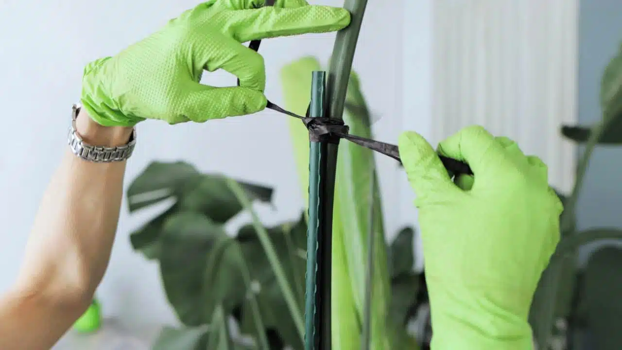 Juliette hands tying a black strap around a green stake and a plant stem, with blurred green foliage in the background.
